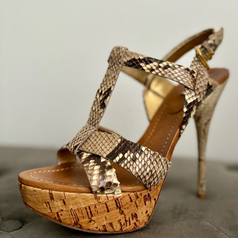 Miu Miu Cream and Brown Heels with Cork Platform